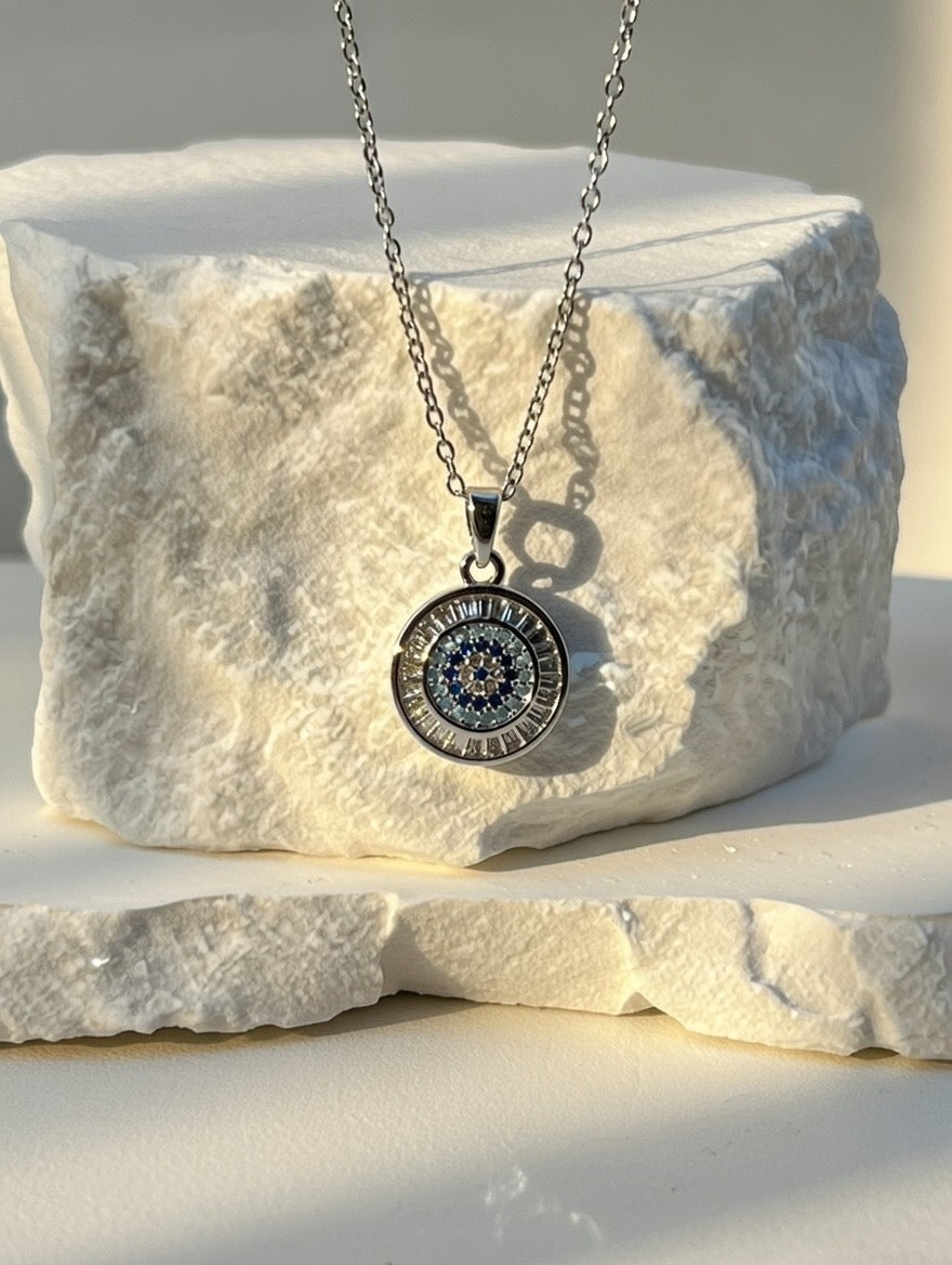Evil Eye Circle Pendant Necklace (Silver-Tone)
