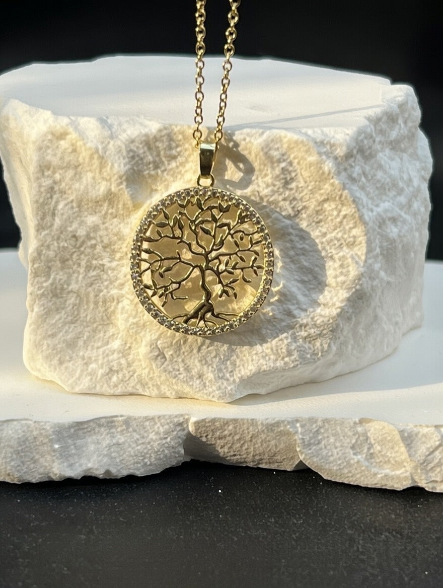 Rainbow Crystal Tree of Life Pendant Necklace (Gold-Tone)
