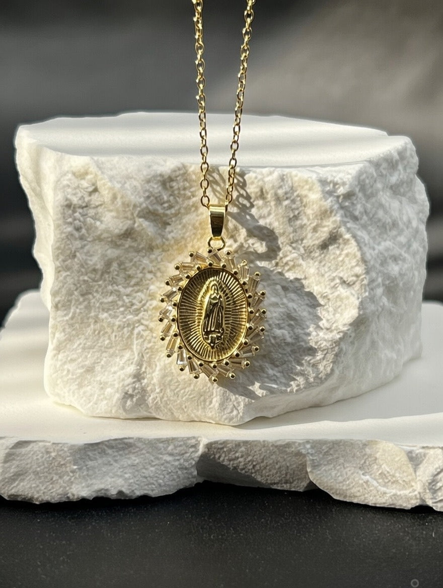 Virgin Mary Sunburst Medallion Pendant Necklace (Gold-Tone)
