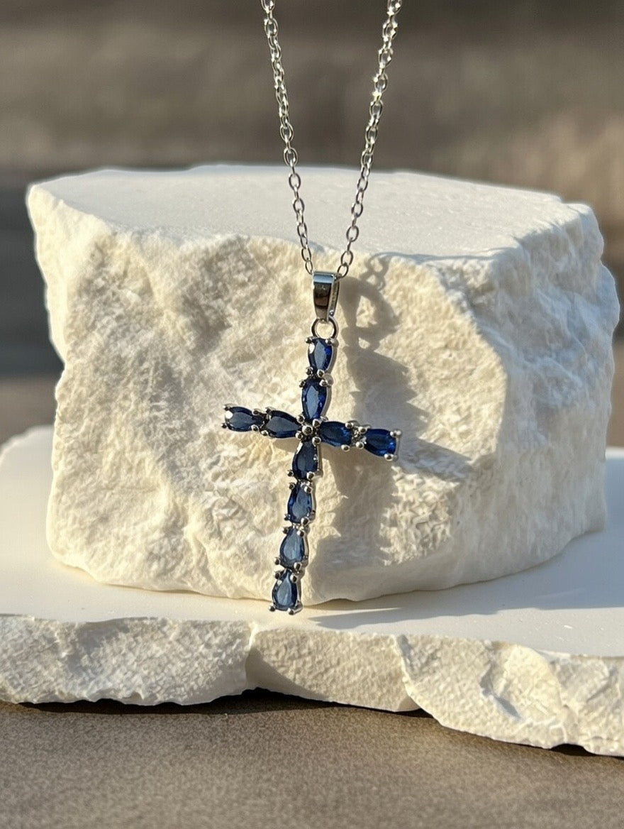 Blue Teardrop Gem Cross Pendant Necklace (Silver-Tone)