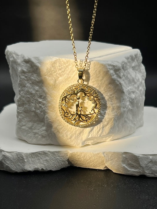 Rainbow Crystal Tree of Life Pendant Necklace (Gold-Tone)