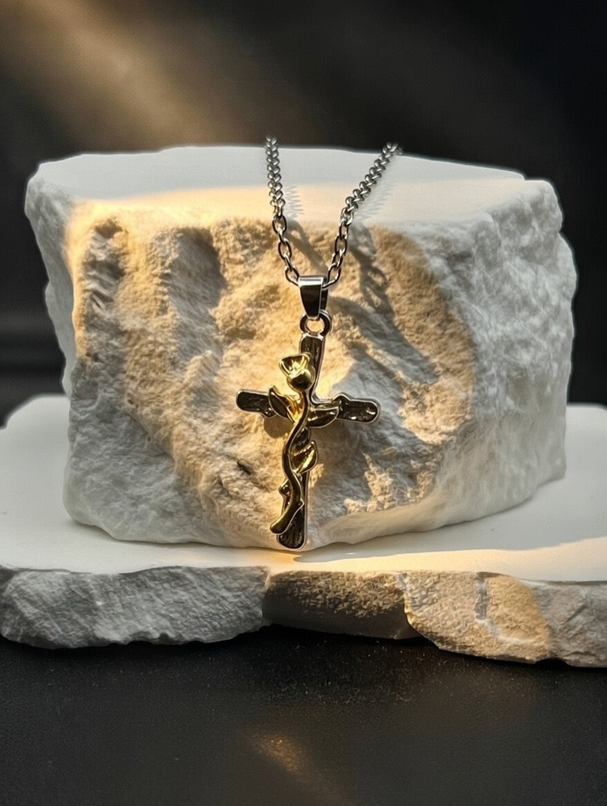Twisted Cross Pendant Necklace (Two-Tone)