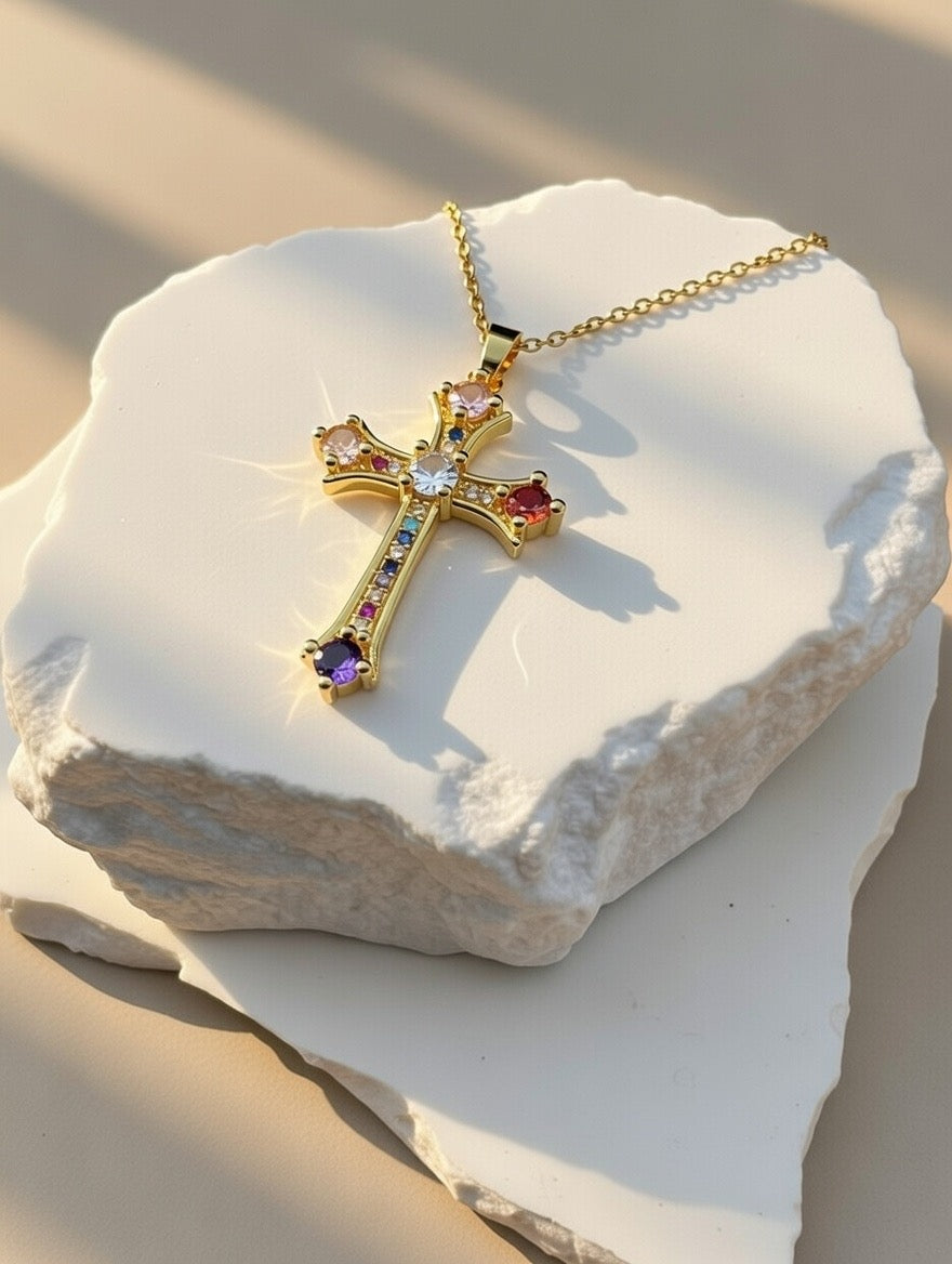 Rainbow Gem Cross Pendant Necklace (Gold-Tone)