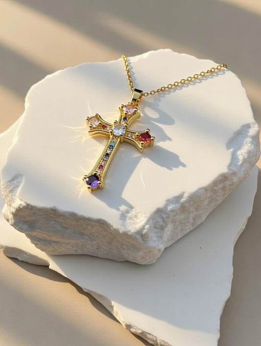 Rainbow Gem Cross Pendant Necklace (Gold-Tone)