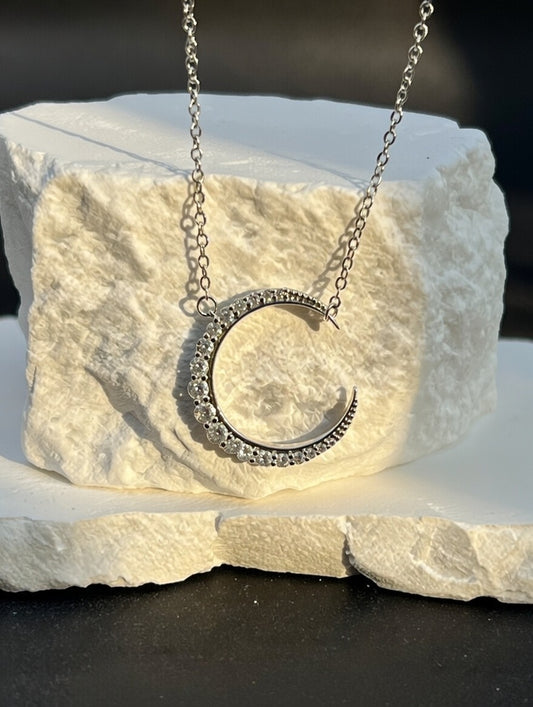 Crystal Crescent Moon Pendant Necklace (Silver-Tone)