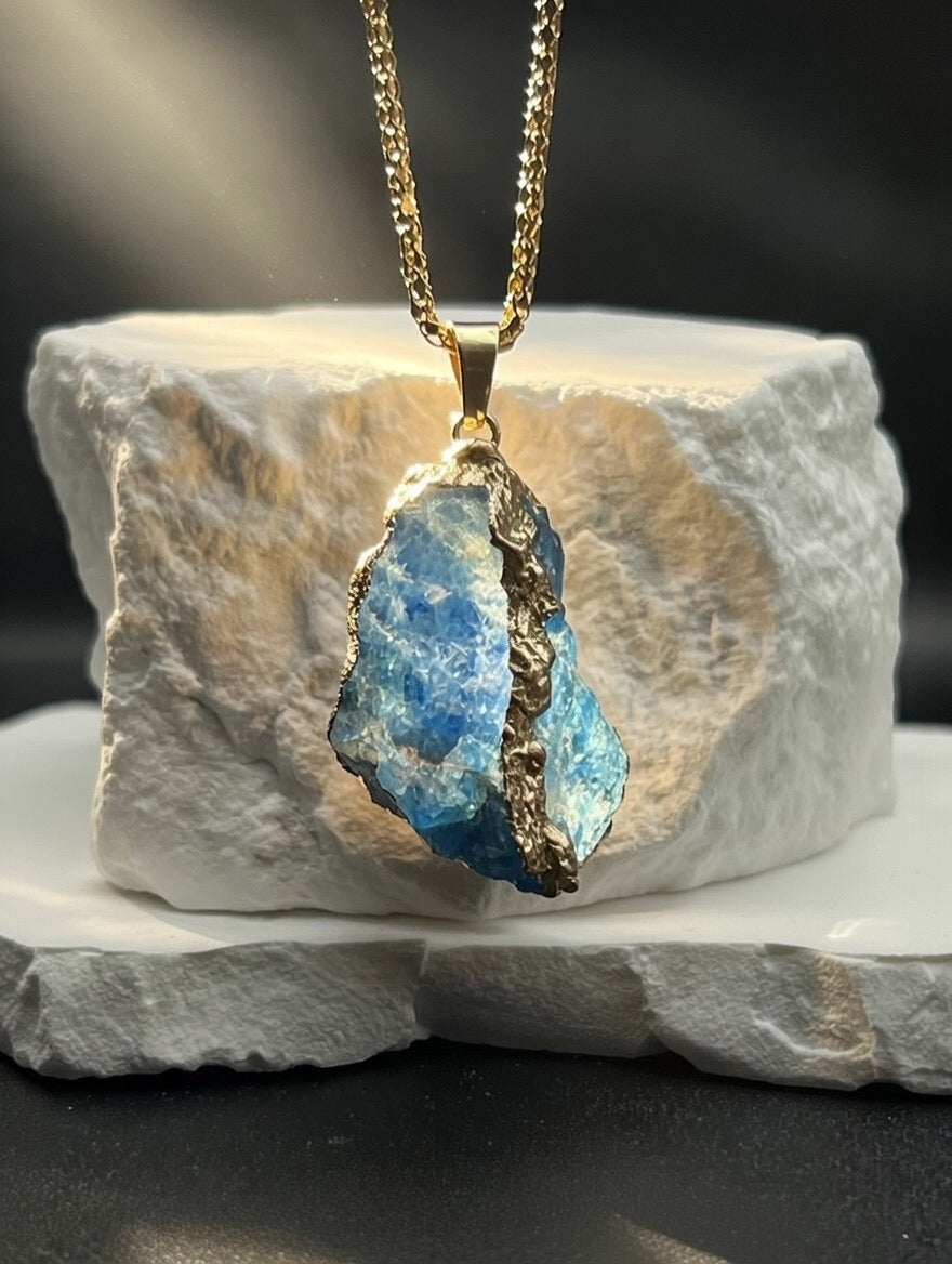 Raw Blue Apatite Pendant Necklace (Gold-Tone)