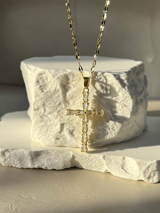 Baguette Crystal Cross Pendant Necklace (Gold-Tone)