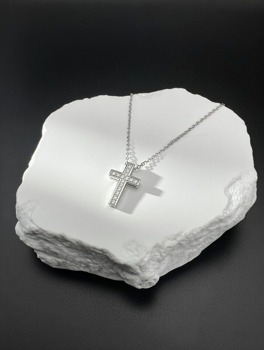Pavé Crystal Cross Pendant Necklace (Silver-Tone)