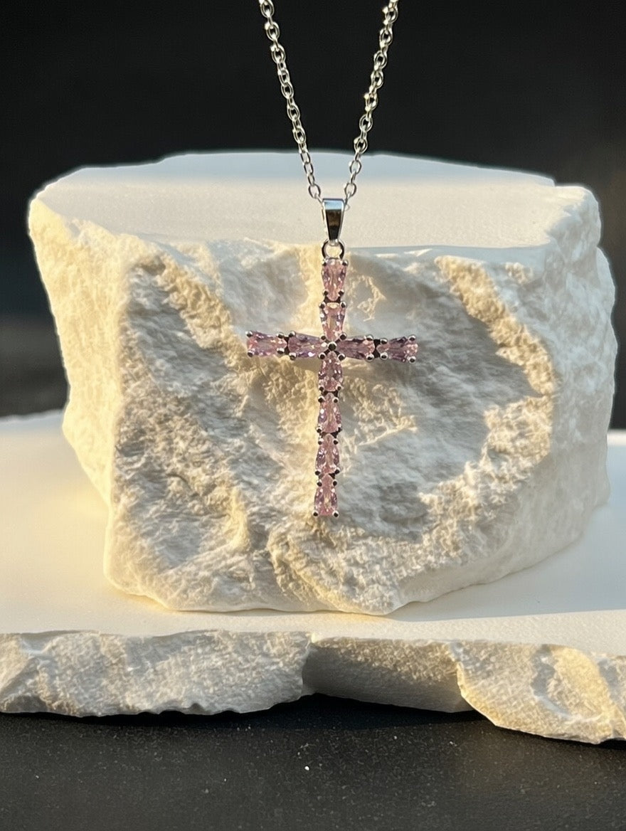 Pink Teardrop Crystal Cross Pendant Necklace (Silver-Tone)
