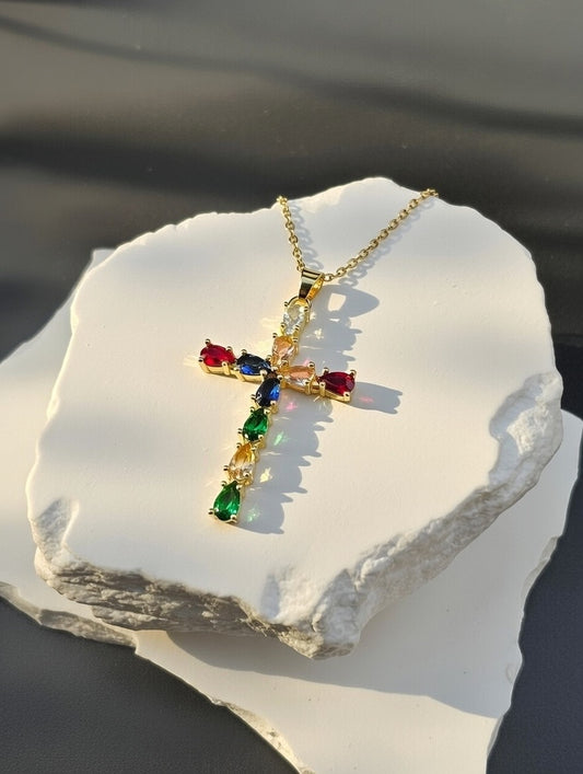 Rainbow Teardrop Gem Cross Pendant Necklace (Gold-Tone)