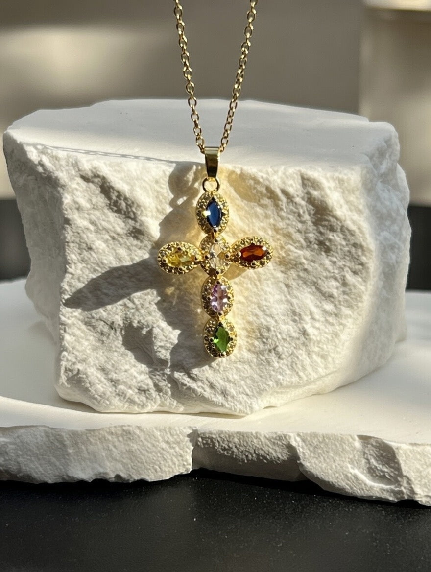 Multicolor Marquise Gem Cross Pendant Necklace (Gold-Tone)