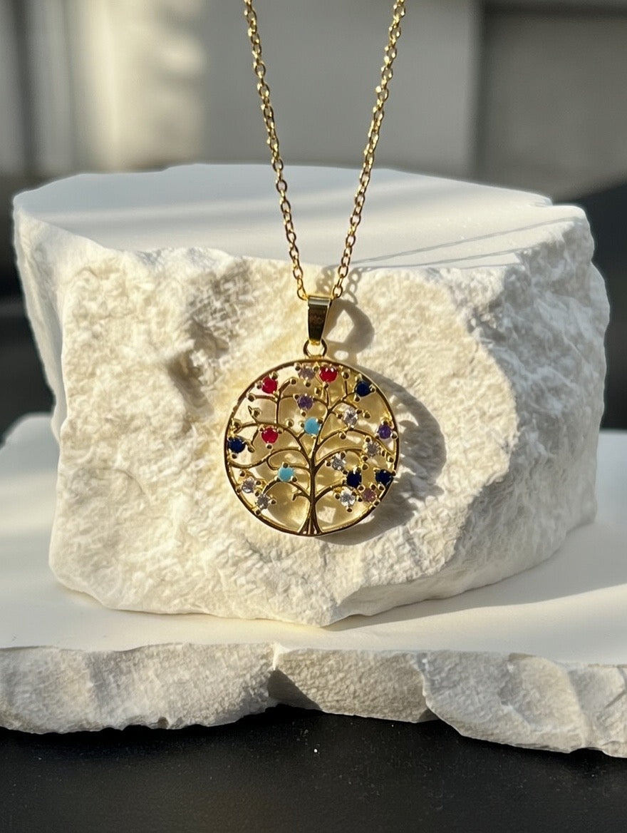 Tree of Life Multicolor Gem Medallion Necklace (Gold-Tone)