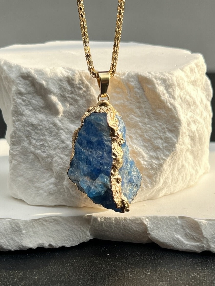 Raw Blue Apatite Pendant Necklace (Gold-Tone)