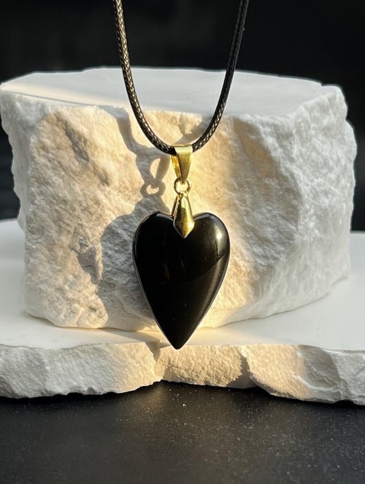 Black Tourmaline Heart Pendant Necklace on Leather Cord