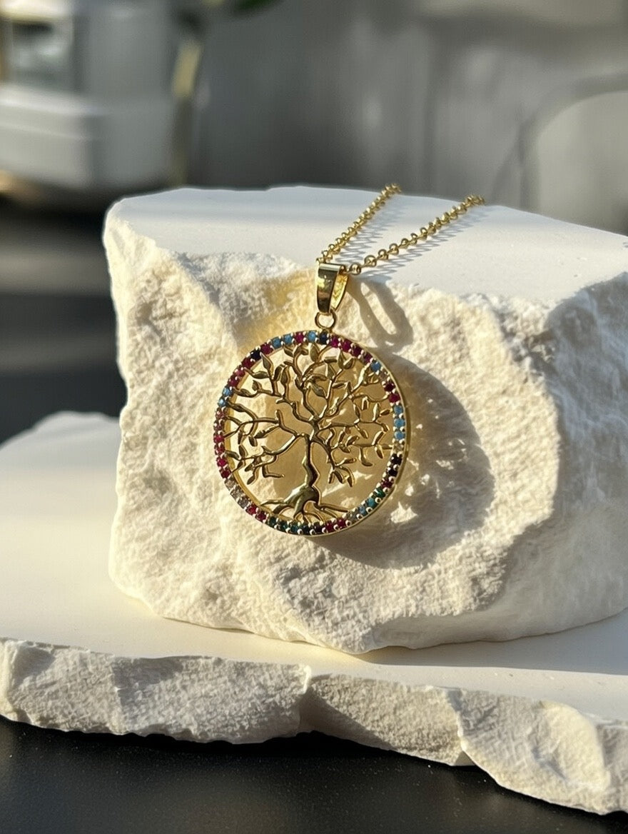 Rainbow Crystal Tree of Life Pendant Necklace (Gold-Tone)