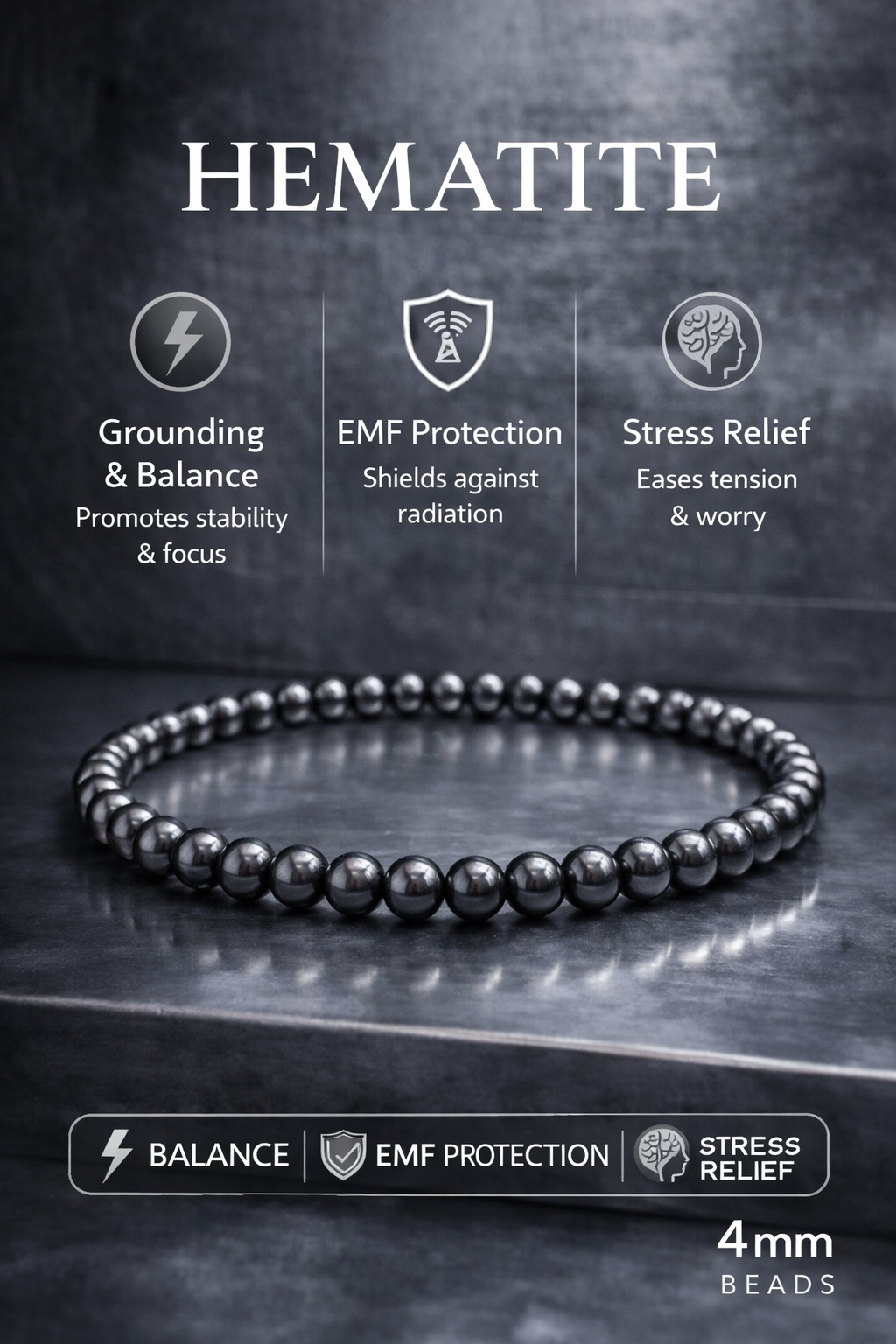 Hematite Bracelet 4mm Beads – Natural Stone