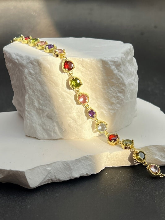 Multicolor Gem Tennis Bracelet (Gold-Tone)