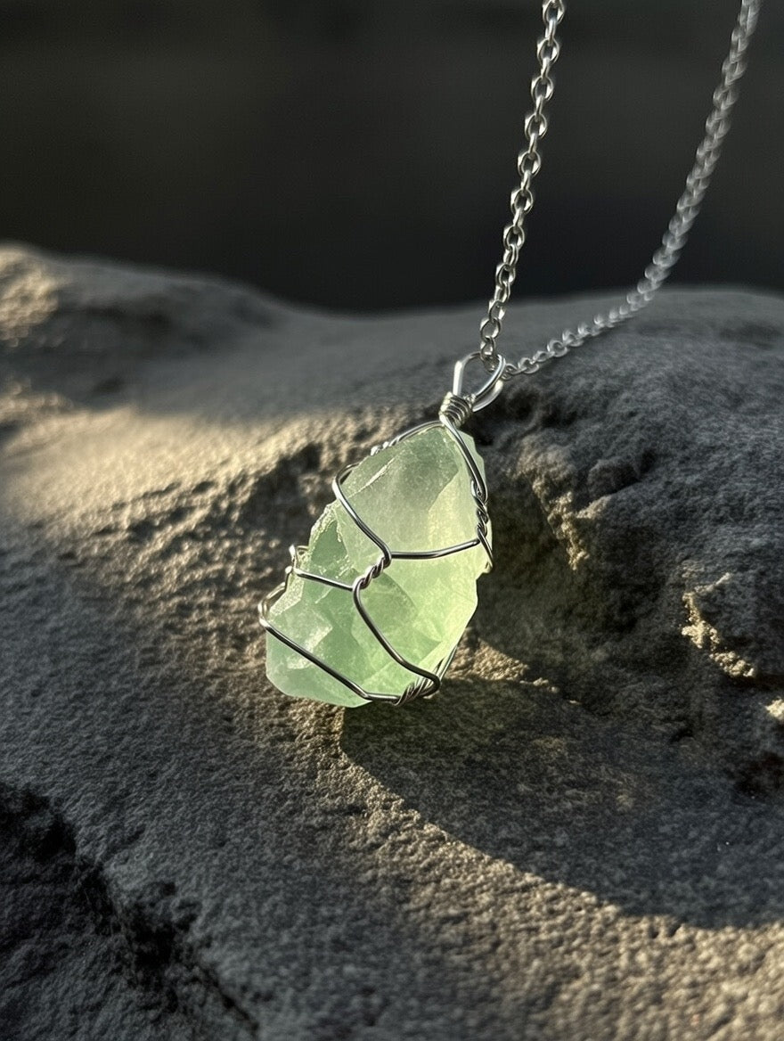 Raw Green Fluorite Wire-Wrapped Pendant Necklace (Silver-Tone)